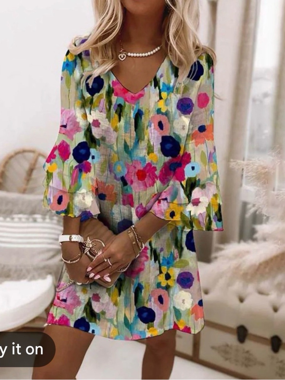 Floral V-Neck Shift Dress in Multi
